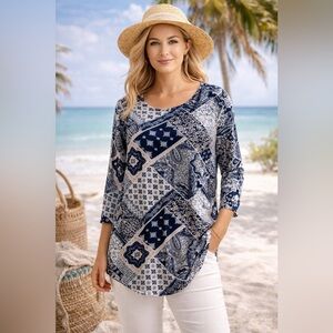 Rue Juju Navy Blue Boho Patchwork Tunic Top L Large Coastal Beachy Lightweight